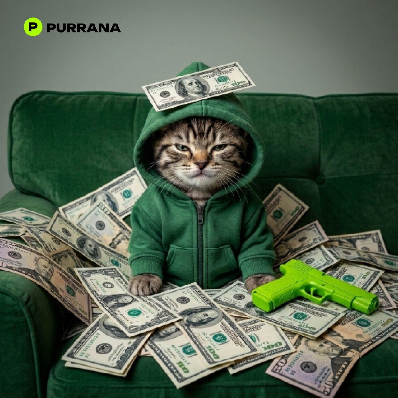 Purrana hooded cat with stacks of cash meme