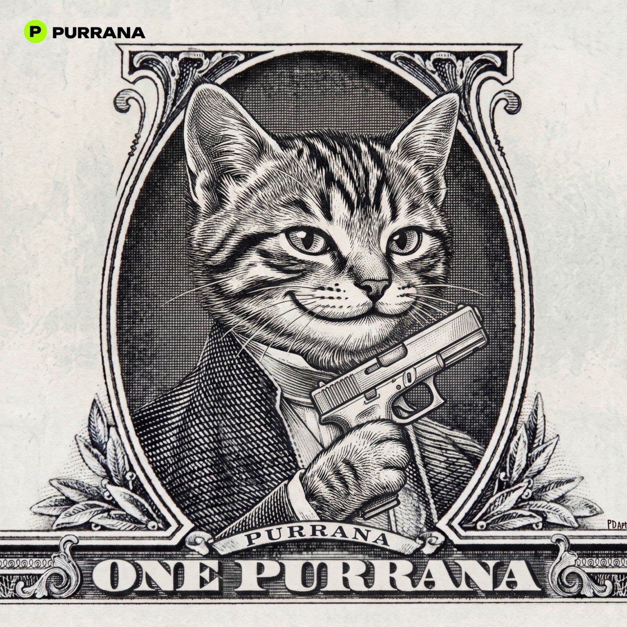 Vintage engraved dollar-bill style illustration of Purrana kitten holding a pistol titled 'One Purrana'