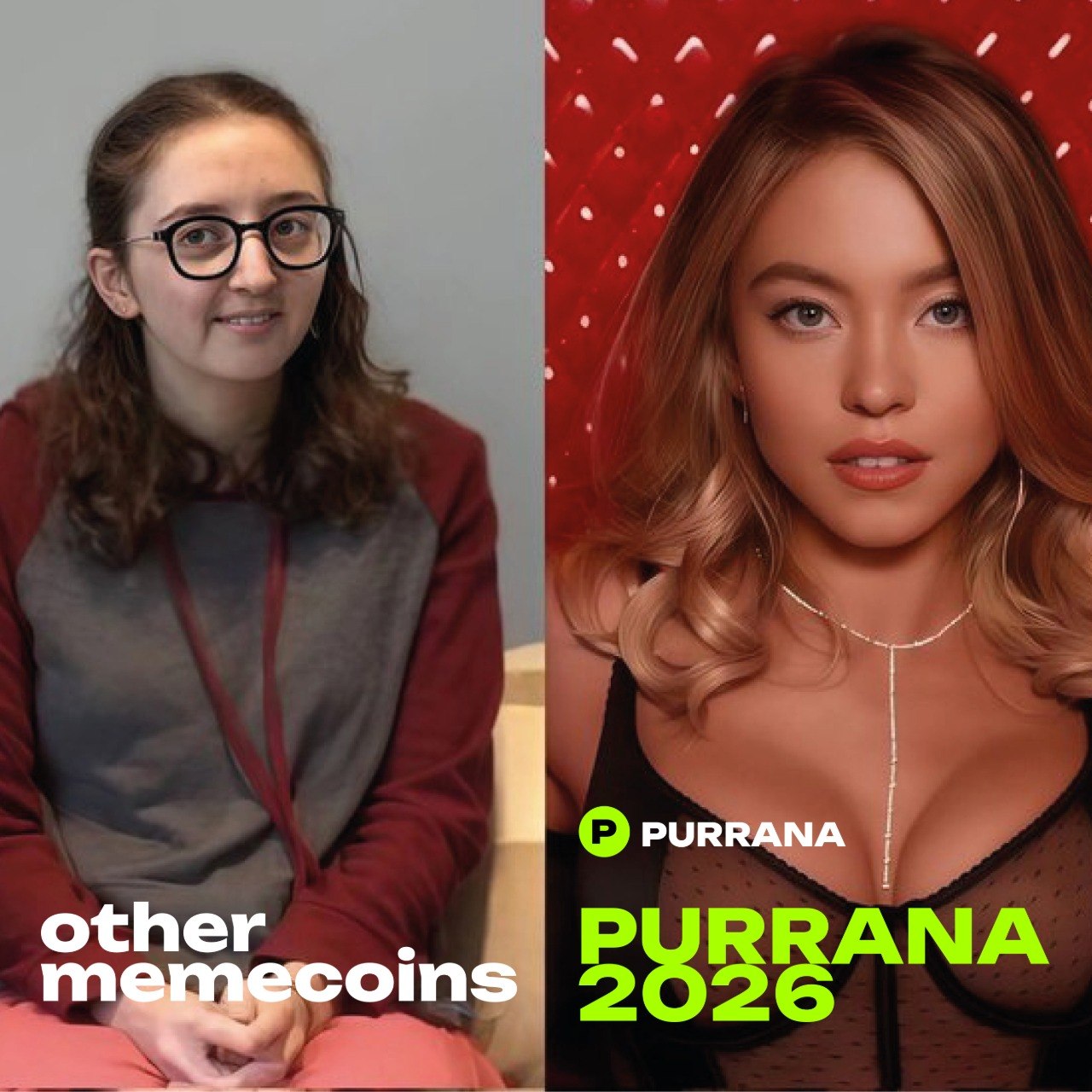Comparison meme showing other memecoins versus Purrana in 2026