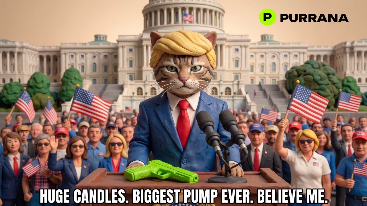Purrana cat at a campaign podium with the caption huge candles, biggest pump ever, believe me