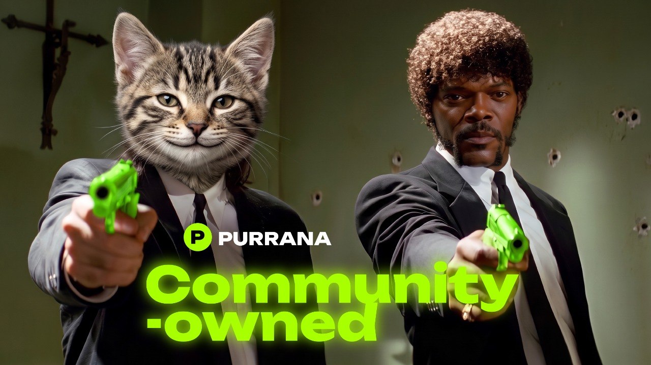 Purrana and a suited partner holding neon-green toy pistols with the caption community-owned
