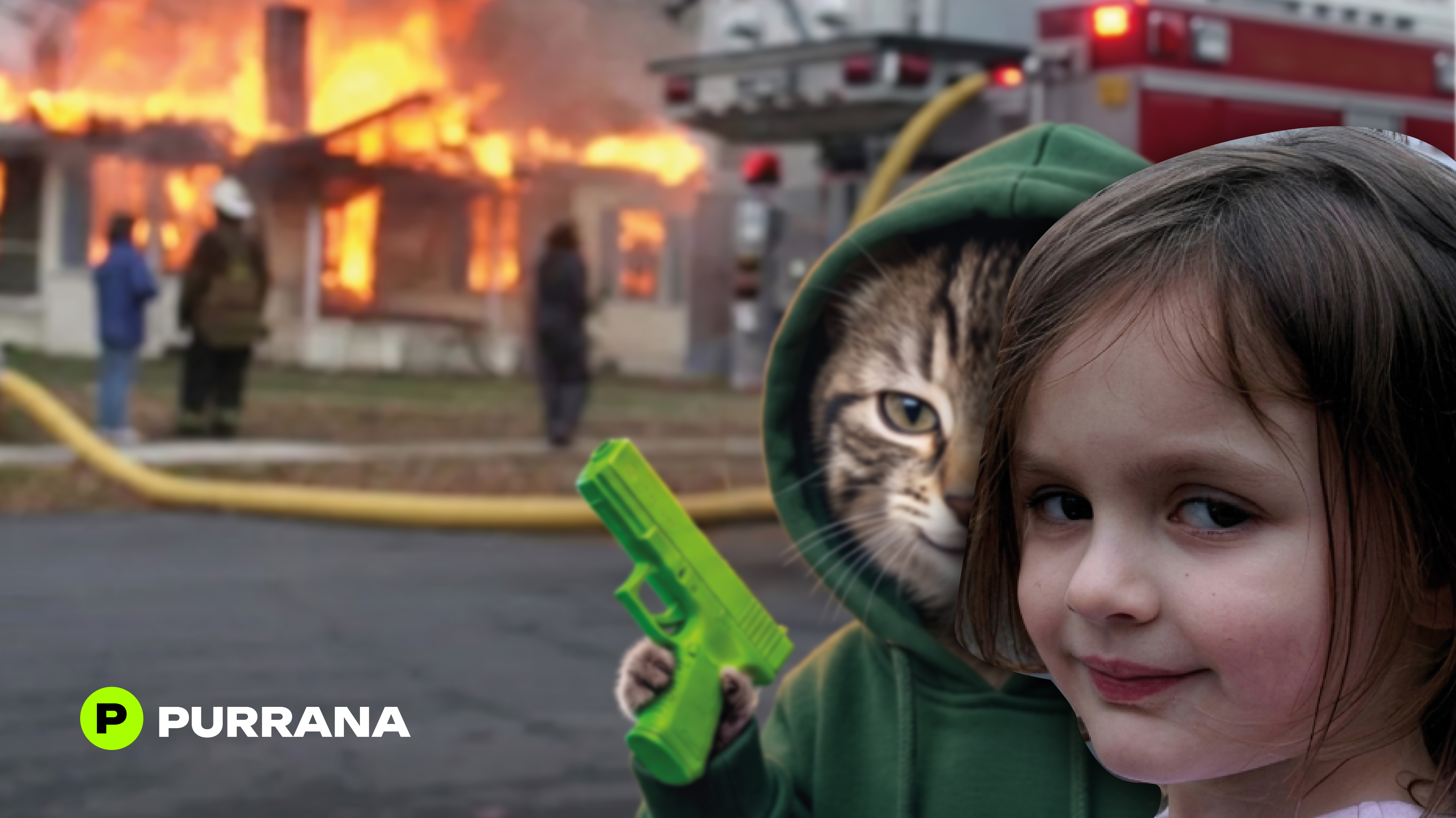 Purrana and a smiling child posing in front of a burning building meme
