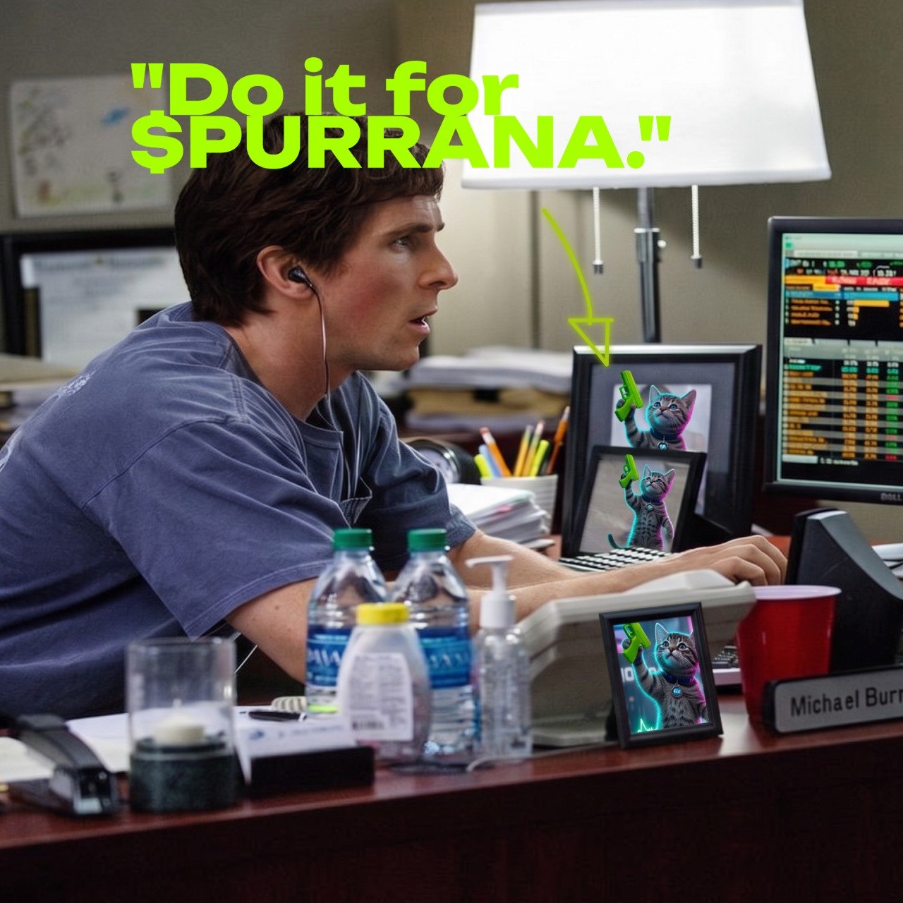 Trader Michael Burry at his desk surrounded by framed Purrana pictures with the caption do it for $PURRANA
