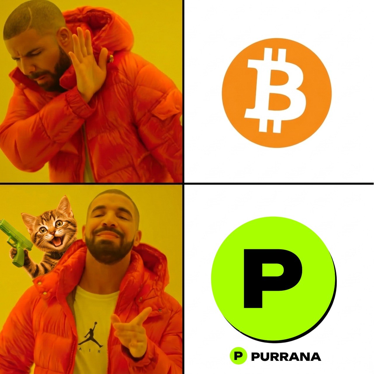Drake rejecting Bitcoin and approving Purrana meme