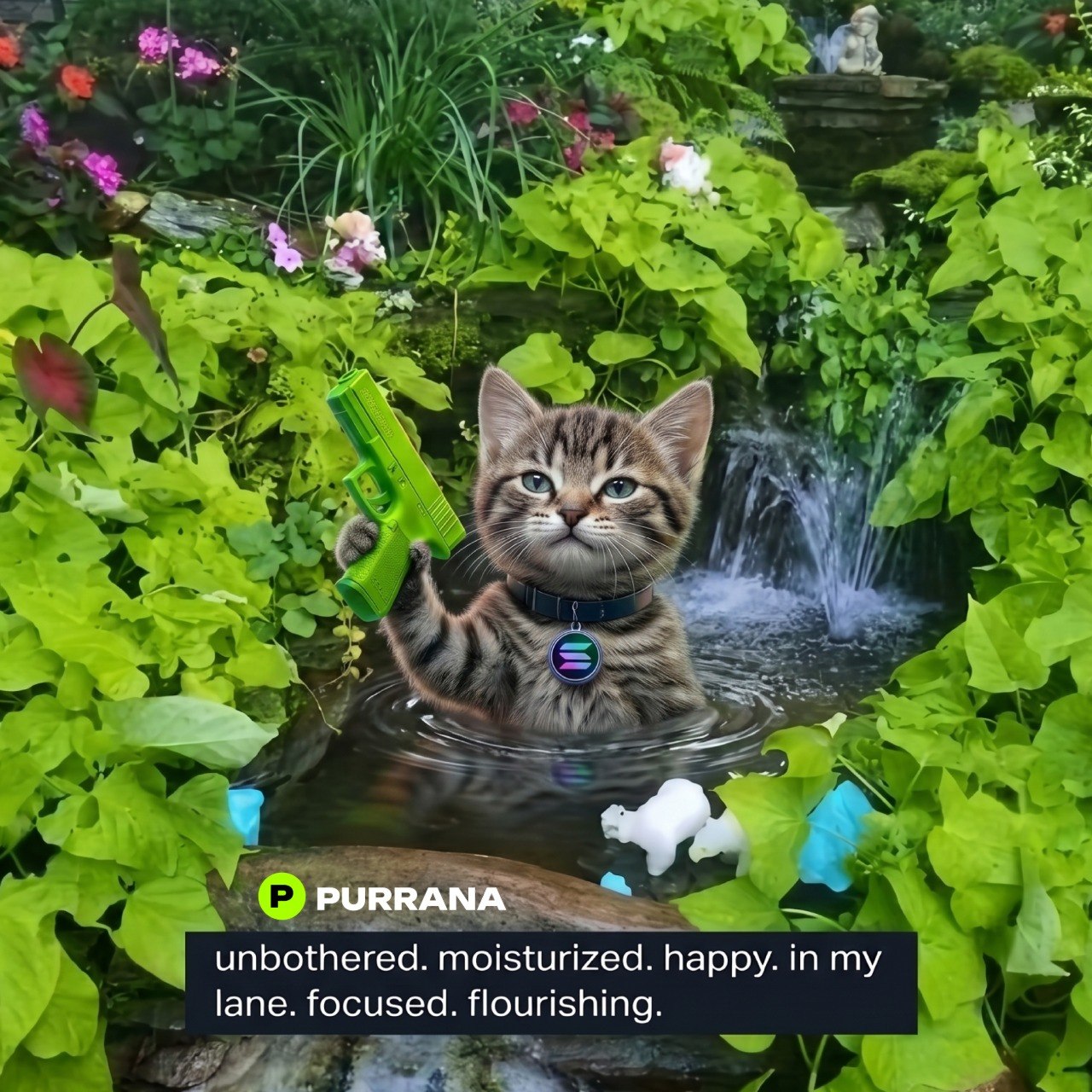 Purrana relaxing in a green garden with the caption unbothered, moisturized, happy, focused, and flourishing