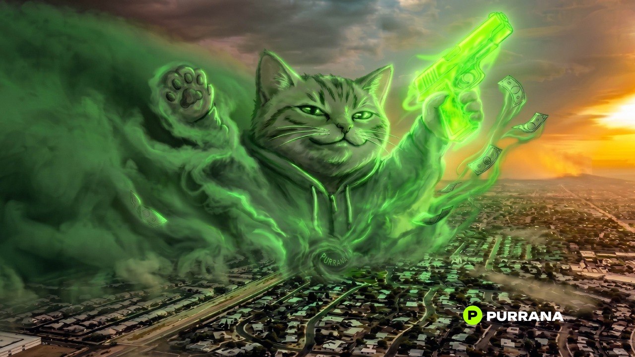 Giant green Purrana cat rising over a city in a cloud while holding a glowing neon-green toy pistol