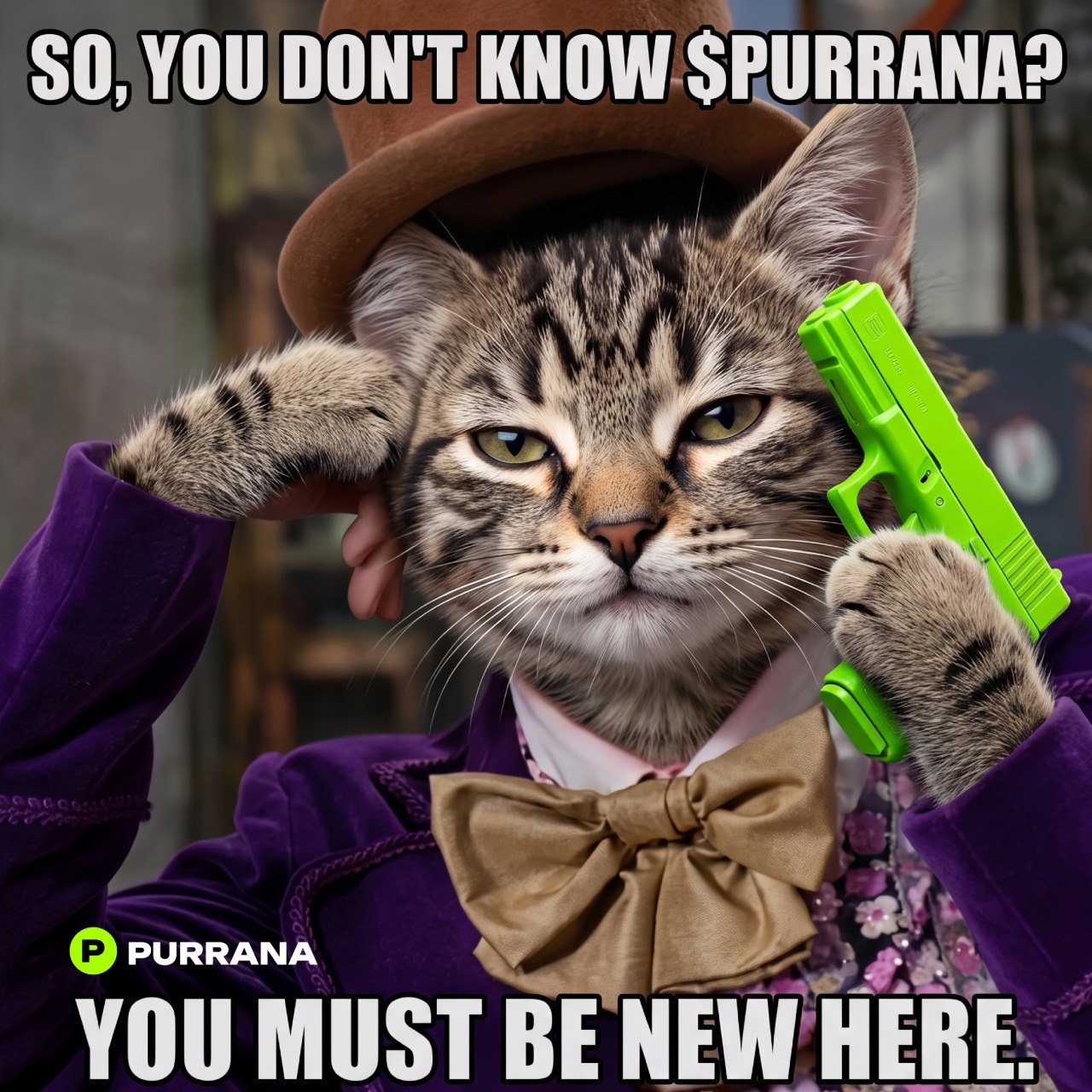 Purrana dressed in a purple suit asking if the viewer is new here
