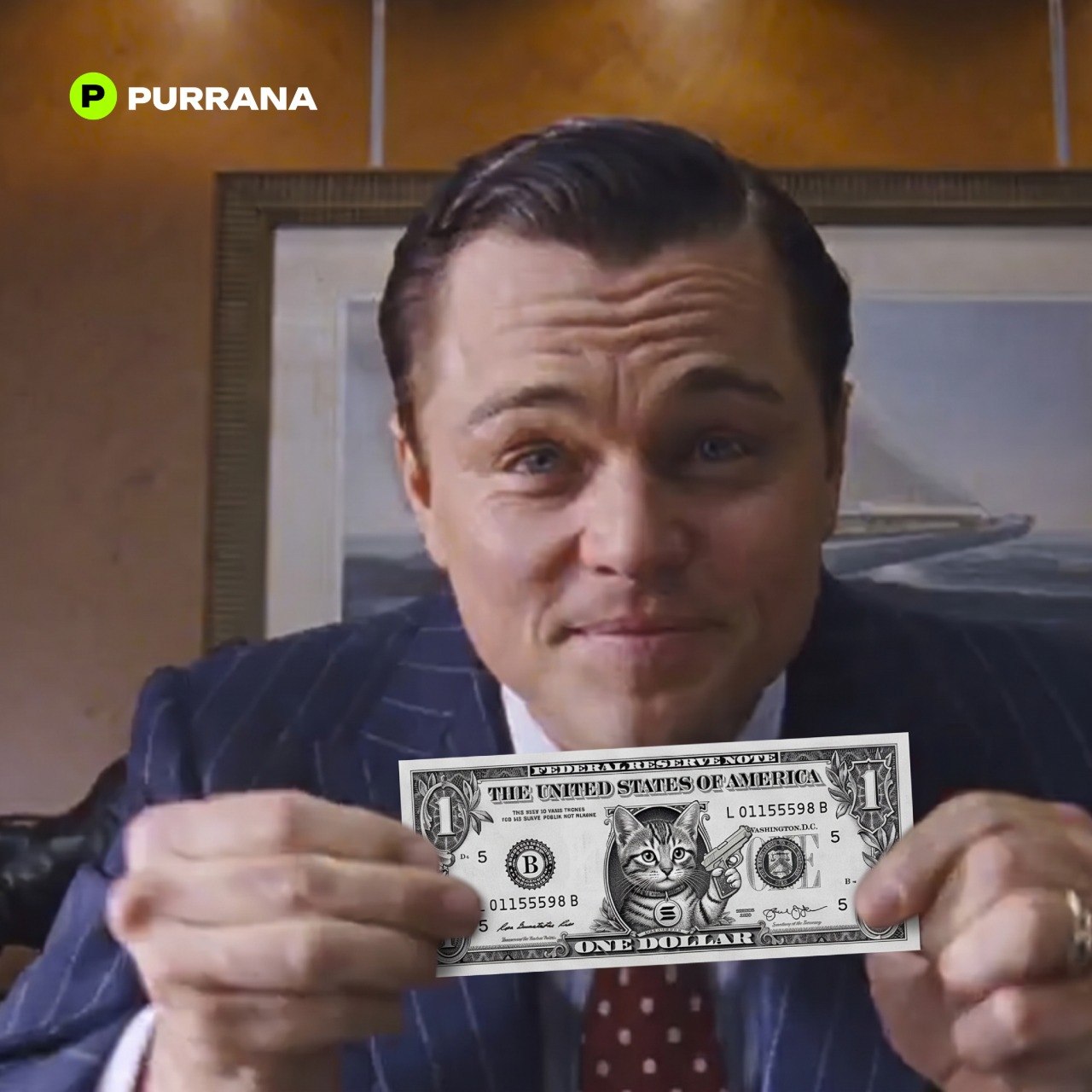 A stockbroker presenting a one-dollar Purrana bill